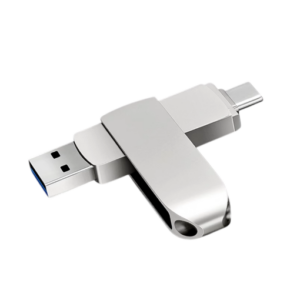 Duale USB-stick met zowel USB-C als USB-A aansluitingen voor dataopslag, zilverkleurig ontwerp.