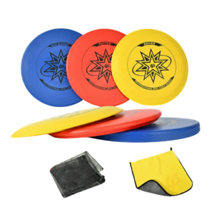 Vijf kleurrijke discgolf-schijven met een opbergnet en doek, ideaal voor beginners en ervaren spelers.