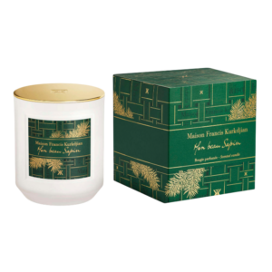 Alt-tekst: Luxe geurige kaars Mon beau Sapin van Maison Francis Kurkdjian, elegant verpakt in groen en goud.