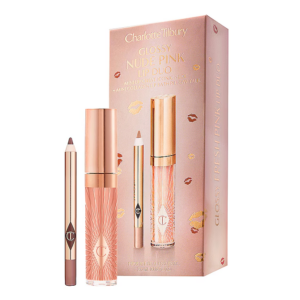 Alt-tekst: Charlotte Tilbury Glossy Nude Pink Lip Duo met lippenstift en lipgloss in een elegante verpakking.