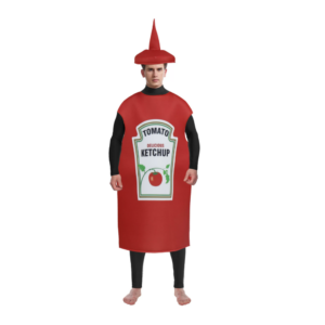 Man in een ketchupkostuum met een etiket dat 'Delicious Ketchup' zegt, perfect voor themafeesten en verkleedpartijen.