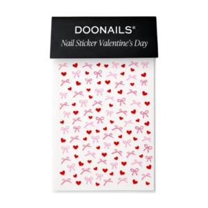 Alt-tekst: Doonails nagelstickers voor Valentijnsdag met rode harten en roze strikken op een witte achtergrond.