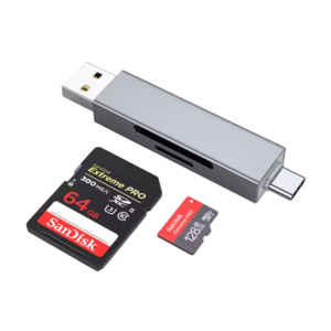 USB en Type-C kaartlezer met SanDisk microSD en SD-kaarten, 64GB en 128GB geheugenoplossingen voor snelle dataoverdracht.