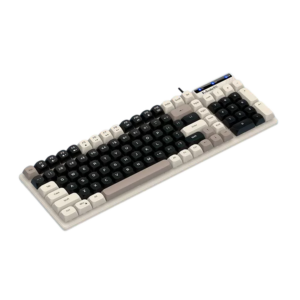 Moderne, stijlvolle toetsenbord met een mix van zwarte en beige toetsen, perfect voor gamers en kantoorgebruikers.