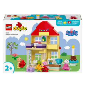 LEGO Duplo Peppa Pig verjaardags huis met figuren, bloemen en cadeaus, stimuleert creativiteit en spel voor kinderen vanaf 2 jaar.