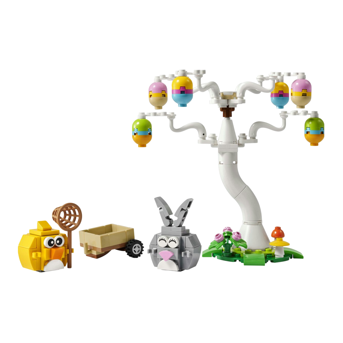 Kleurrijke LEGO set met een paasei-boom, een konijn, een vogel en een kar voor plezierige paasactiviteiten.