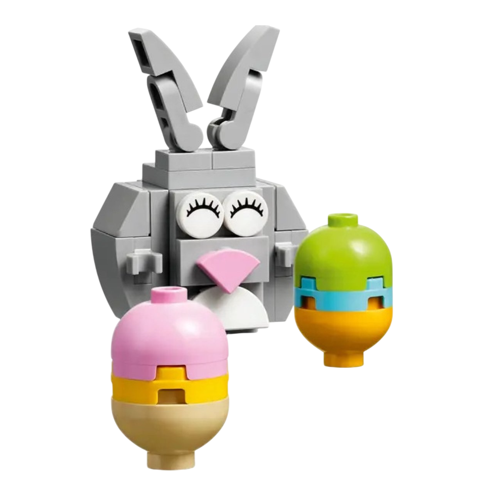 Grijze LEGO konijn met kleurrijke eieren, speels ontwerp perfect voor kinderen en creatief bouwen.