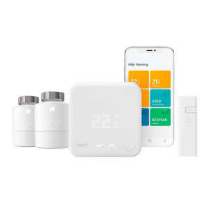 Slimme thermostaat van tado°, inclusief app, slimme radiatorkranen en afstandsbediening voor optimale energiebesparing.