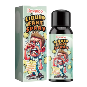 Dowmoo Liquid Fart Spray in verpakking; hilarisch voor grappen en grollen. Extra sterk voor maximaal plezier.