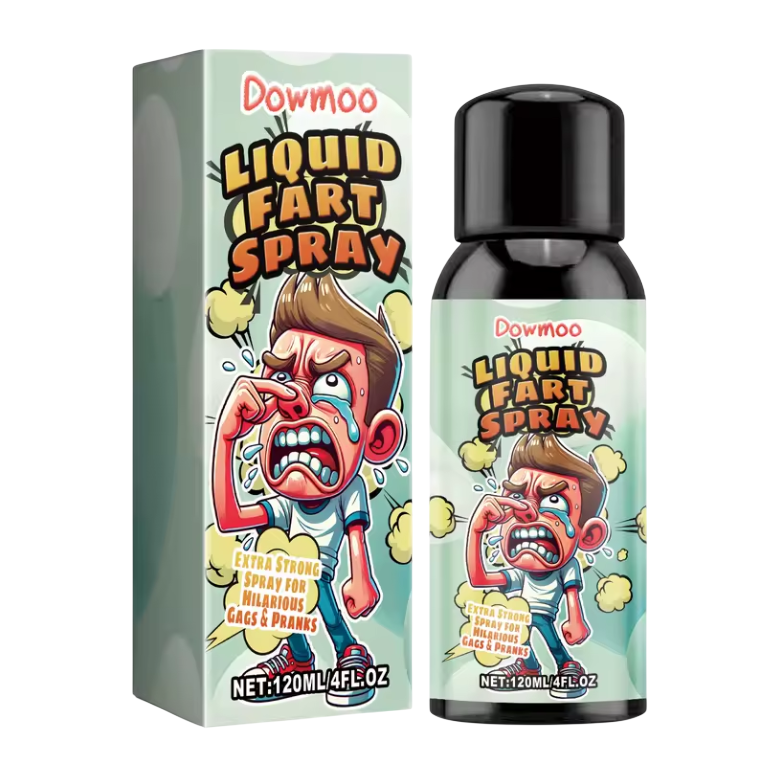 Dowmoo Liquid Fart Spray in verpakking; hilarisch voor grappen en grollen. Extra sterk voor maximaal plezier.