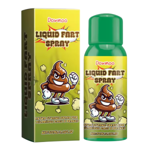 Alt-tekst: Dowmoo Liquid Fart Spray verpakking met komische cartoonafbeelding, ontworpen voor hilarische grappen en grollen.