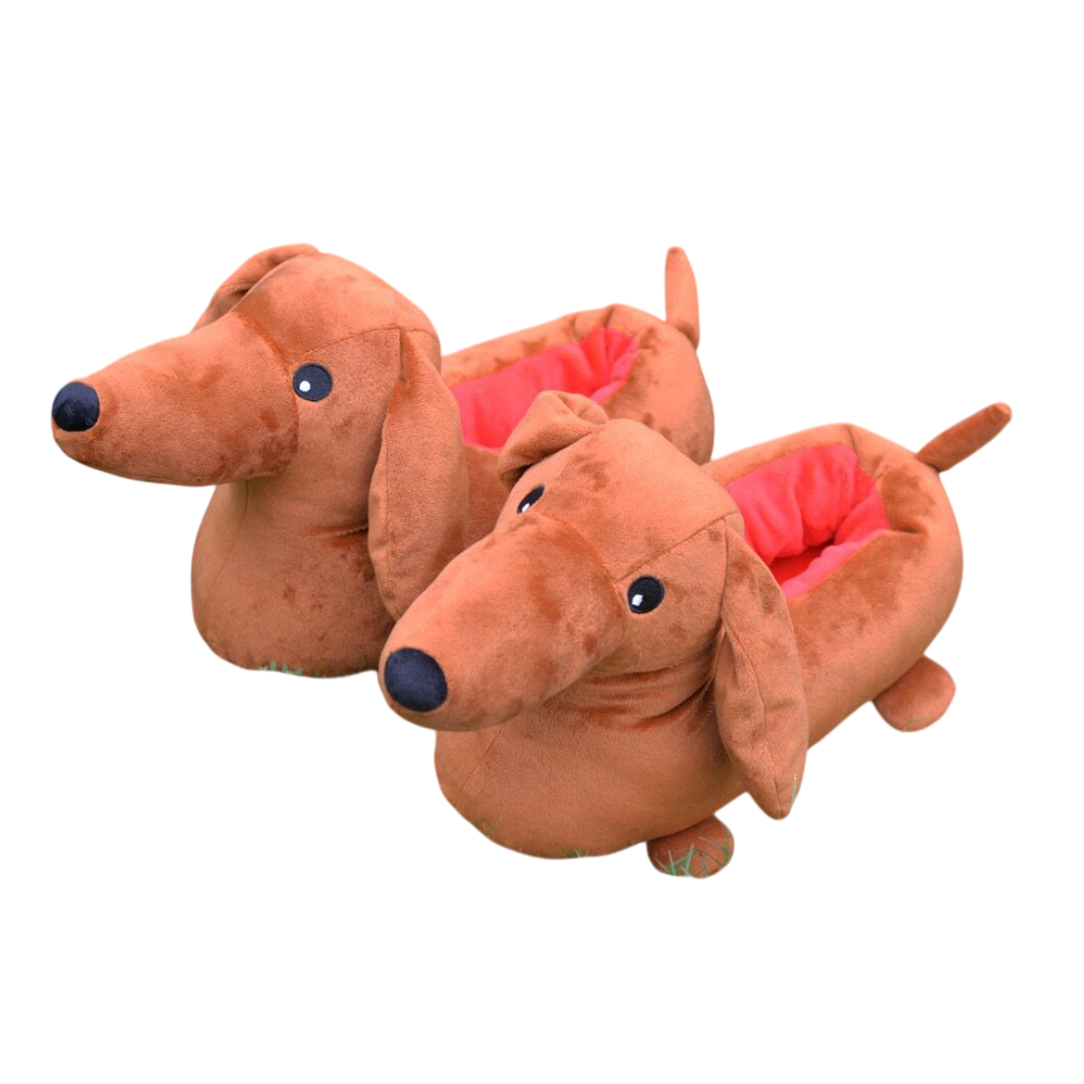 Schattige hondenpantoffels in de vorm van een teckel, ideaal voor warmte en comfort in huis. Perfecte cadeau-ideeën!