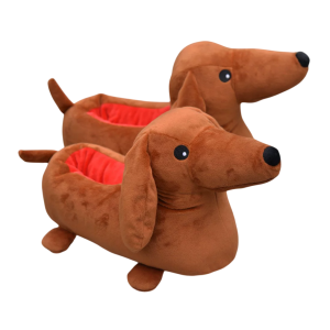 Schattige pluche slippers in de vorm van teckels, perfect voor comfort en dierenliefhebbers.