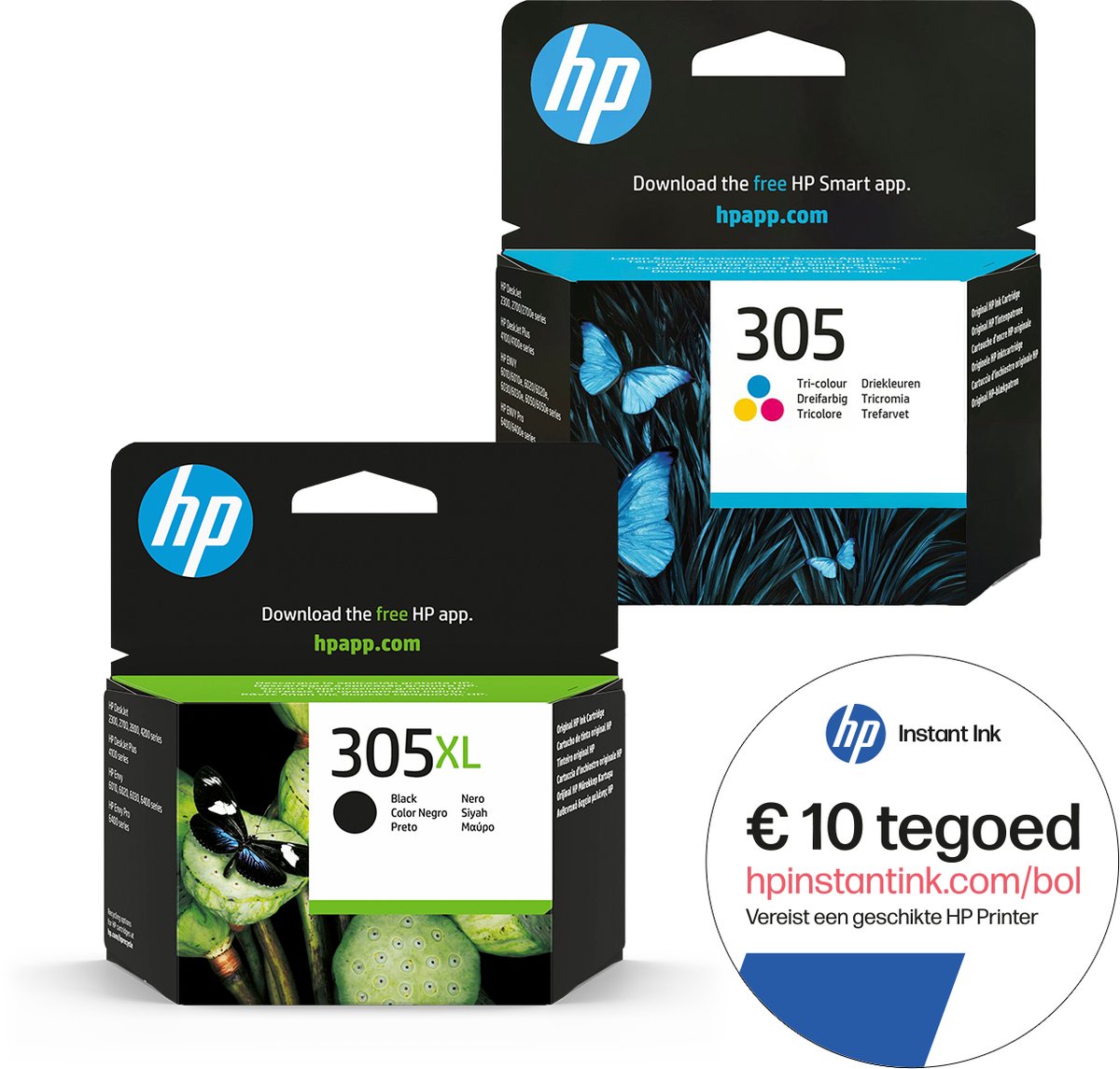 Alt-tekst: HP 305 en 305XL inktcartridges met informatie over downloadbare HP Smart app en €10 tegoed.