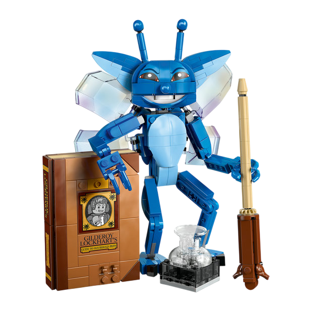 Blauwe LEGO-figuur met vleugels, een boek en toveringrediënten voor creatieve avonturen.