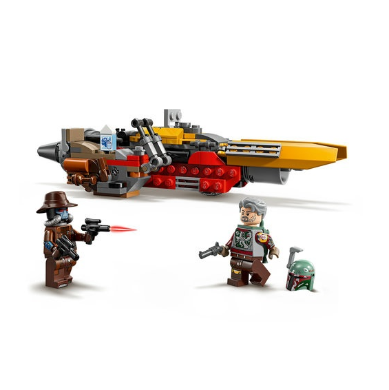 LEGO ruimteschip met twee figuren en wapens, geïnspireerd op de ruimteavonturen van een populaire sci-fi serie.