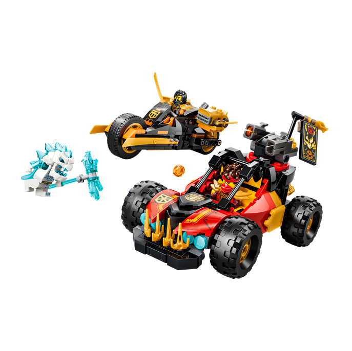Alt-tekst: LEGO voertuigen met een racewagen, motor en een figuur met een ijsbeest, perfect voor avontuurlijke speelset.