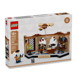 Alt-tekst: LEGO set 40902 ter ere van Leonardo da Vinci, met detailrijke scène, 251 onderdelen, voor 18+. Creatief bouwen!
