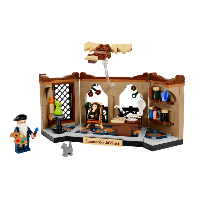 Alt-tekst: LEGO set van Leonardo da Vinci met schilder, atelier en uitvindingen, perfect voor creatievelingen en geschiedenisliefhebbers.