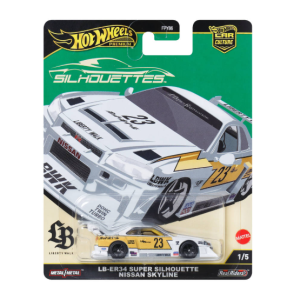 Alt-tekst: Hot Wheels LB-ER34 Super Silhouette Nissan Skyline, modelauto in verpakking met ontwerp en nummer 23.