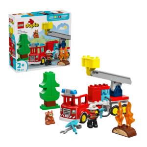 LEGO Duplo brandweerwagen met figuren, brandweerspullen en natuur, ideaal voor kinderen vanaf 2 jaar, 28 stukken.