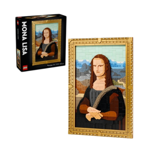 LEGO-set van de Mona Lisa, een kleurrijke bouwkunst met beroemde schilderij in blokken, inclusief verpakking.