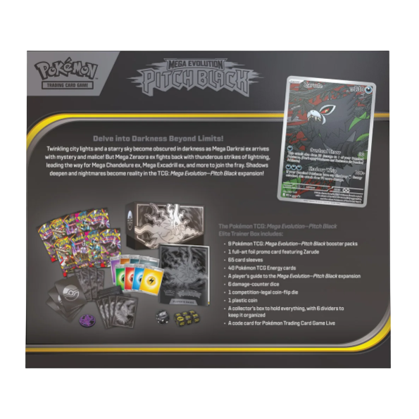Alt-tekst: Pokémon TCG Mega Evolution Pitch Black uitbreiding met kaarten, accessoires en spelhandleiding.
