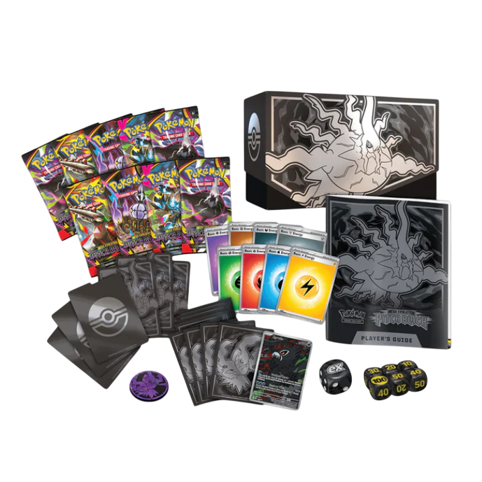 Alt-tekst: Pokémon kaartspelset met boosters, kaarten, een handleiding, dobbelstenen en spelaccessoires voor fans.