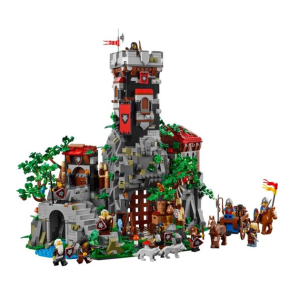 Alt-tekst: Gedetailleerde LEGO-kasteelset met ridders, paarden en een natuurlijke omgeving, perfect voor avontuurlijke speelmomenten.