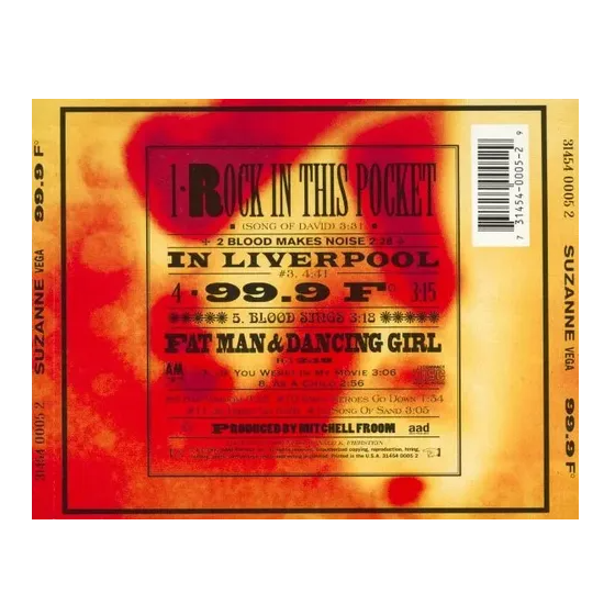 Alt-tekst: Achterkant van het album '99.9 F' van Suzanne Vega met tracklijst en kleurrijk ontwerp.