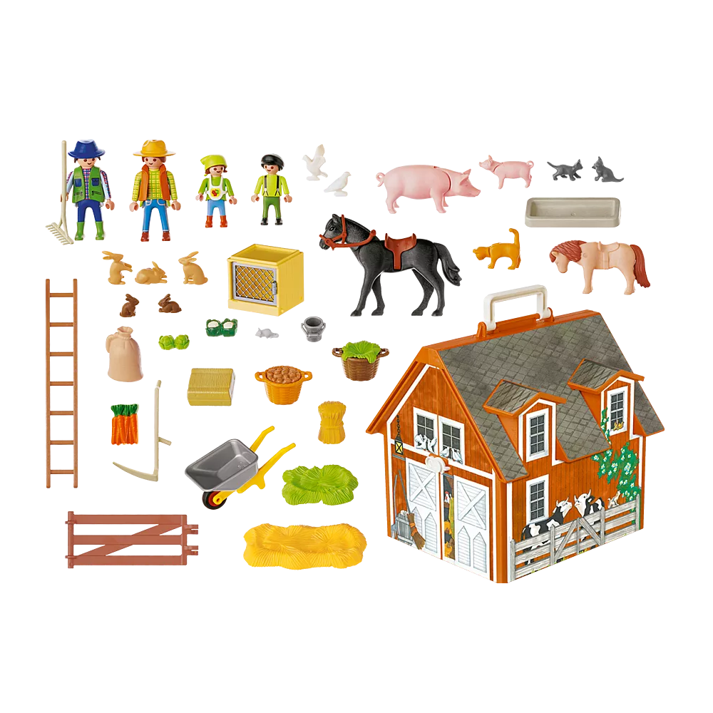 Alt-tekst: Speelgoed boerderijset met figuren, dieren, gereedschap en een schuur voor leuk en creatief boerderijplezier.