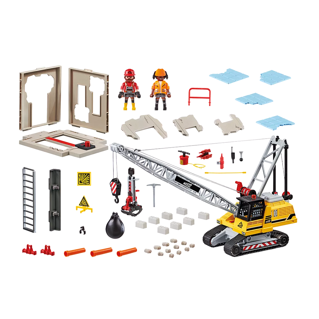 Speelgoed kraan set met bouwaccessoires en figuren, perfect voor kinderen die van constructie en creatief bouwen houden.