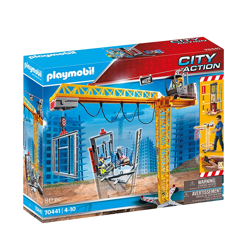 Playmobil bouwkraan set, inclusief miniatuurfiguren en accessoires voor creatief spel. Geschikt voor kinderen van 4-10 jaar.