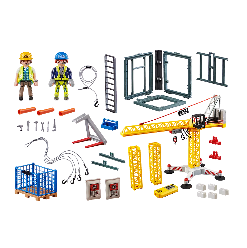 Bouwset met een kraan, werkers en accessoires voor eindeloos constructieplezier en creatief speelplezier.