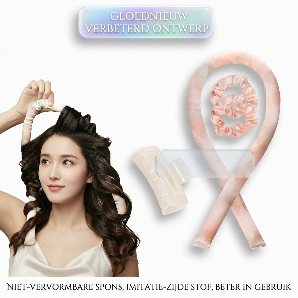 Vrouw met krullend haar, toont een innovatief haartoolset voor pluisvrije krullen en niet-vervormbare spons.
