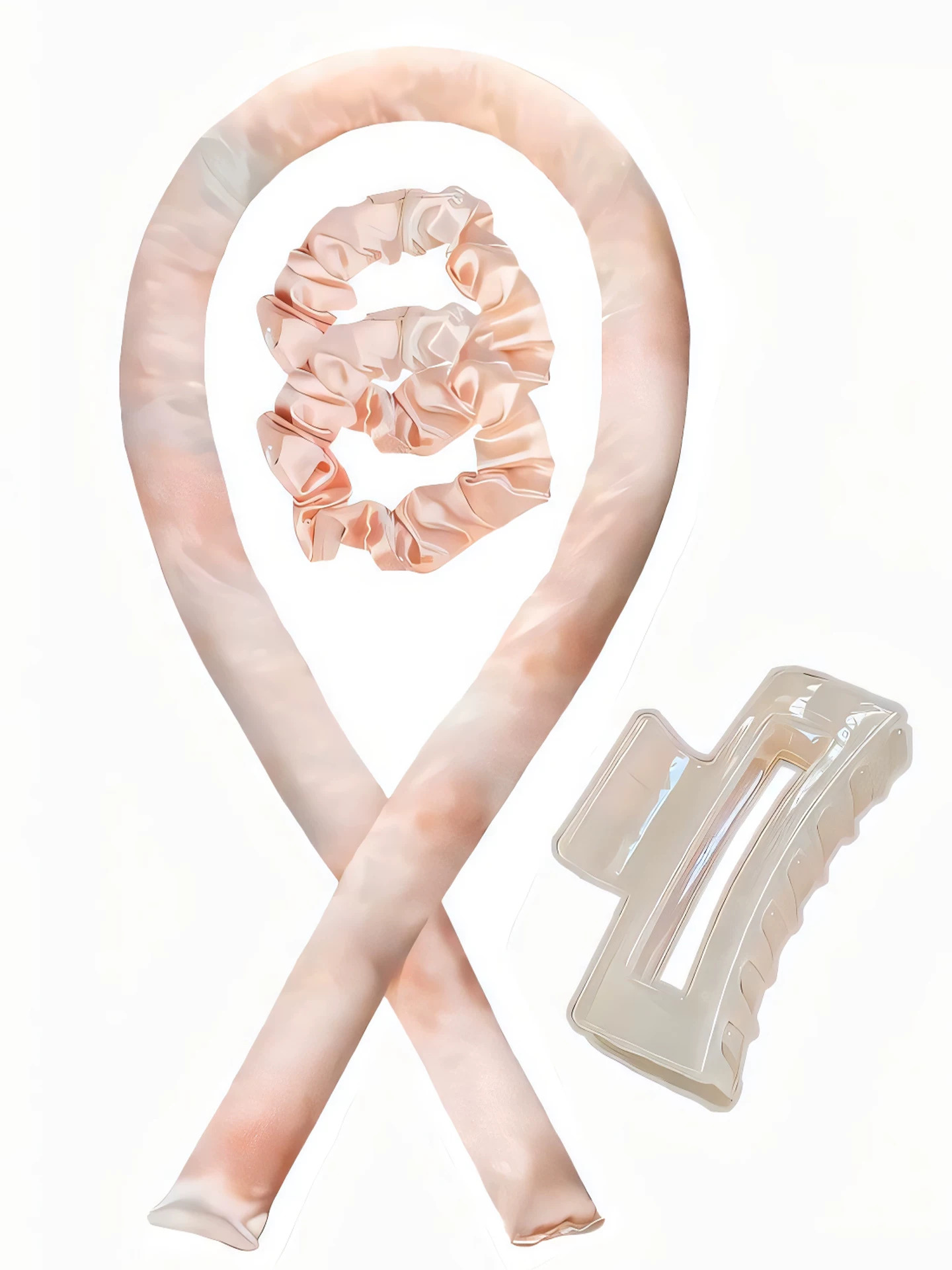Roze haaraccessoires: een zachte haarband, scrunchies en een transparante haarclip voor stijlvolle kapsels.