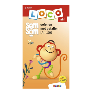 Alt-tekst: Loco mini oefenboek voor kinderen van 5-8 jaar over getallen tot 100 met een vrolijke aap op de cover.