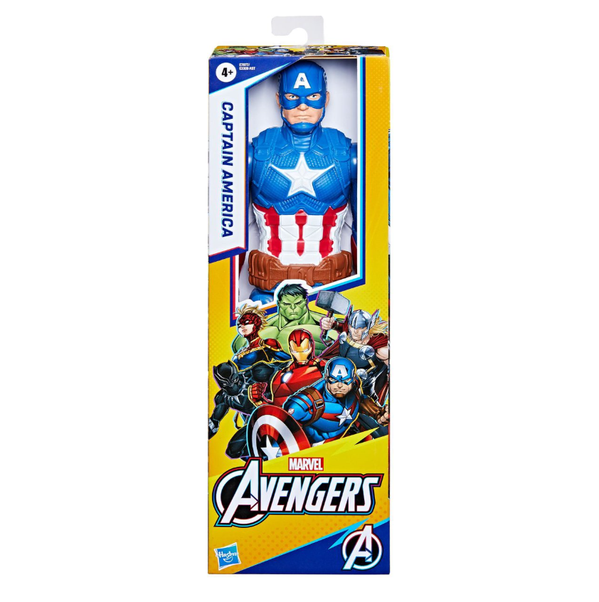 Alt-tekst: Plastic Captain America actiefiguur in verpakking, onderdeel van de Marvel Avengers collectie voor kinderen vanaf 4 jaar.