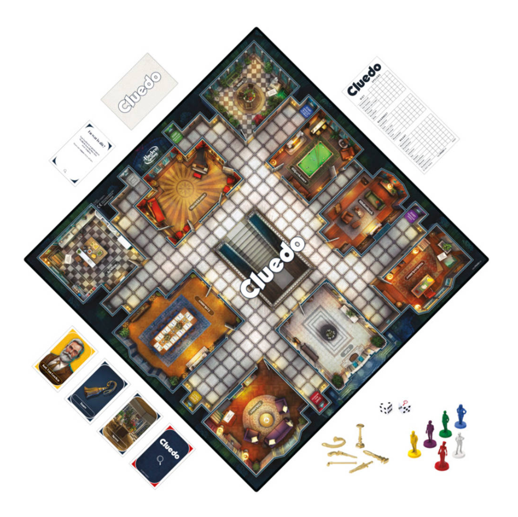 Speel Cluedo: het klassieke detectivebordspel met een moordmysterie, kaarten en spelerspionnen. Ontdek de dader!