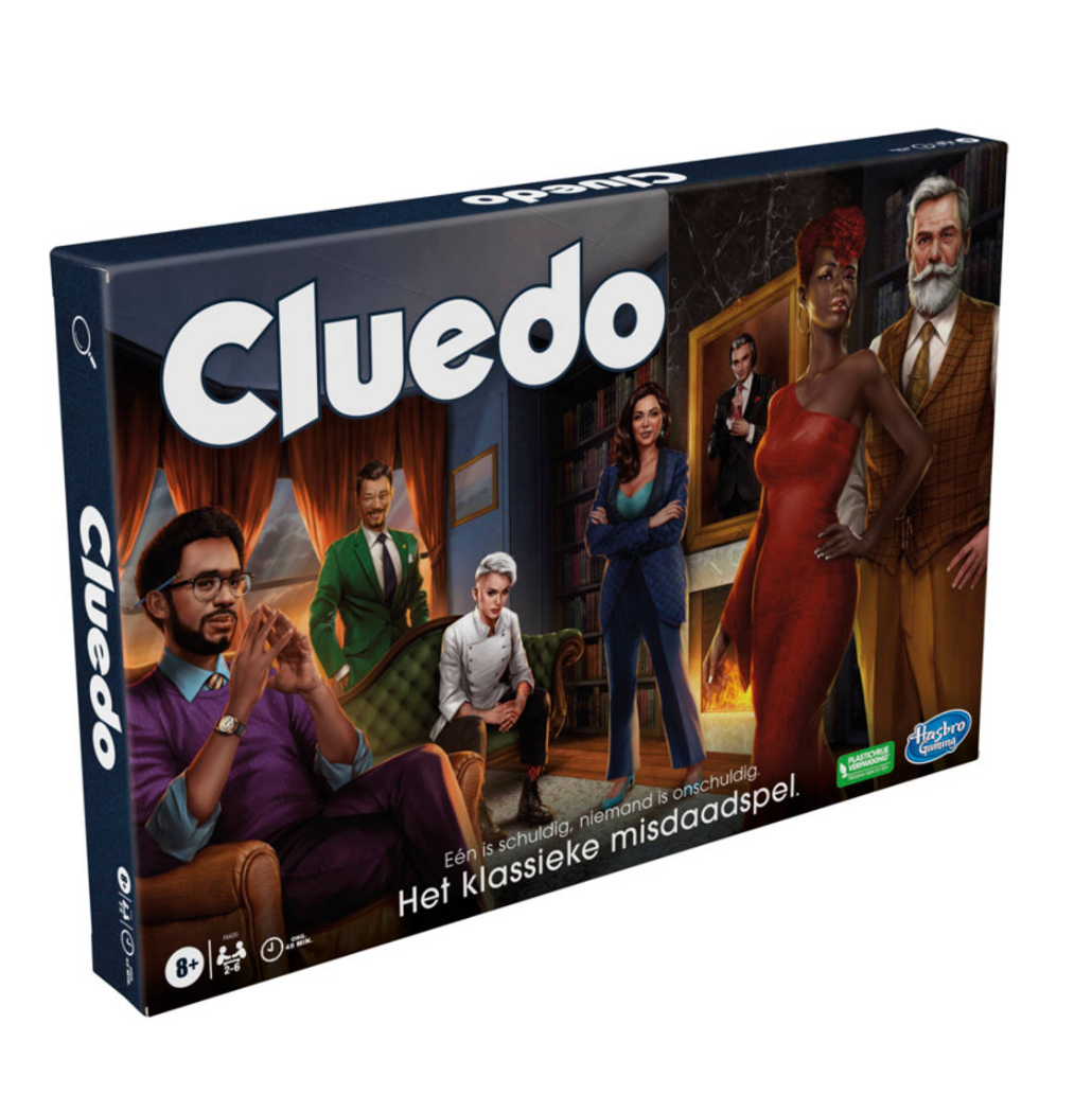 Alt-tekst: Cluedo bordspel met kleurrijke personages, beroemd om het oplossen van een mysterie in een klassieke setting.