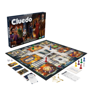 Afbeelding van het Cluedo bordspel met figuren, kaarten en de speeldoos voor spannende detectivespelletjes.
