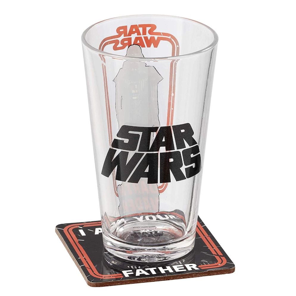 Transparant Star Wars glas met zwart logo en coole onderzetter, perfect voor fans van de iconische ruimtefranchise.