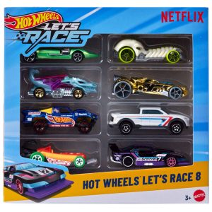Alt-tekst: Zicht op de Hot Wheels Let's Race 8 set met negen kleurrijke raceauto's in de verpakking.