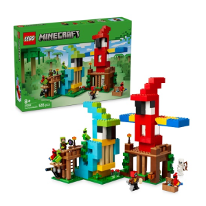 LEGO Minecraft set met kleurrijke papegaaien en minifiguren, perfect voor creatieve bouwplezier voor kinderen vanaf 8 jaar.