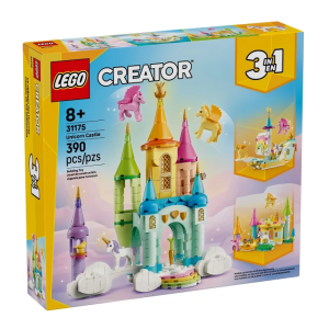 Alt-tekst: LEGO Creator Unicorn Castle set 31175 met 390 stenen, geschikt voor kinderen vanaf 8 jaar.