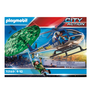 Playmobil politiehelikopterset met parachutespringer, ideaal voor spannende stad-avonturen. Geschikt voor kinderen van 4-10 jaar.