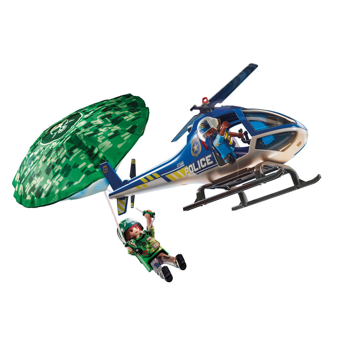 Speelgoed politiehelikopter met parachutist in camouflagekostuum, perfect voor avontuurlijke kinderen. Ideal voor actie en spel!