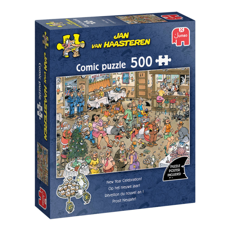 Alt-tekst: Jumbo Jan van Haasteren 500 stukjes puzzel met nieuwjaarsfeest en kleurrijke stripfiguren.