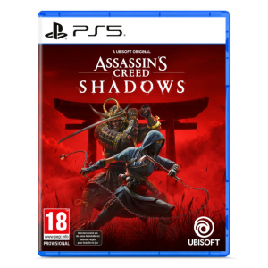 Cover van Assassin's Creed: Shadows voor PS5, met strijdende karakters en een dramatische rode achtergrond.