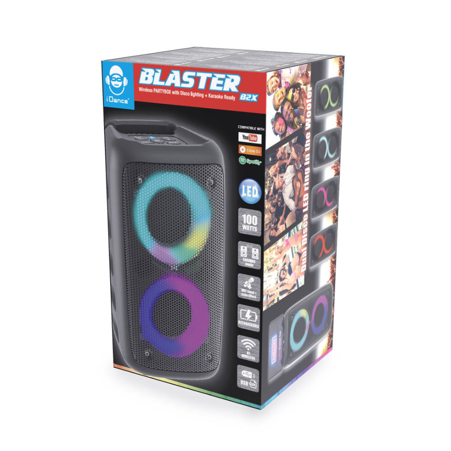 Alt-tekst: iDance Blaster draadloze speaker met discoverlichting, karaoke-functie en 100 watt vermogen.